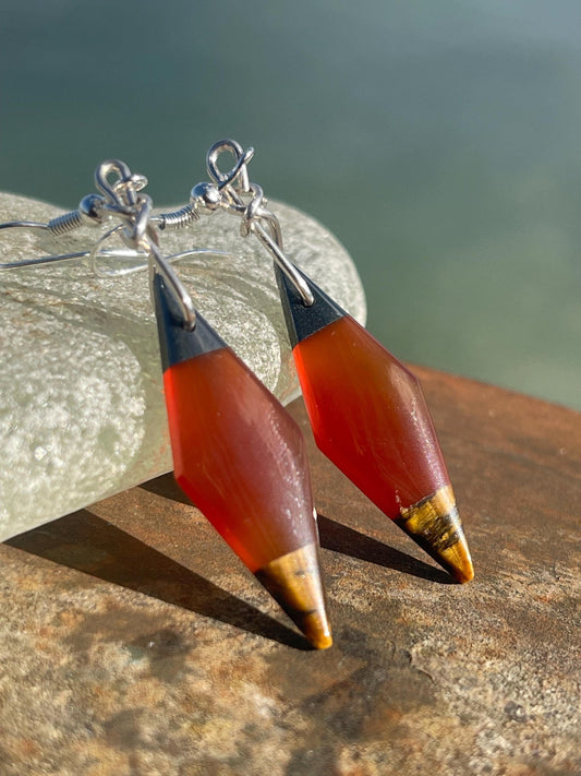 Stunning carnelian and onyx earrings on recycled sterling silver. Ethical jewellery, eco friendly jewellery, boho earrings, unique earrings.