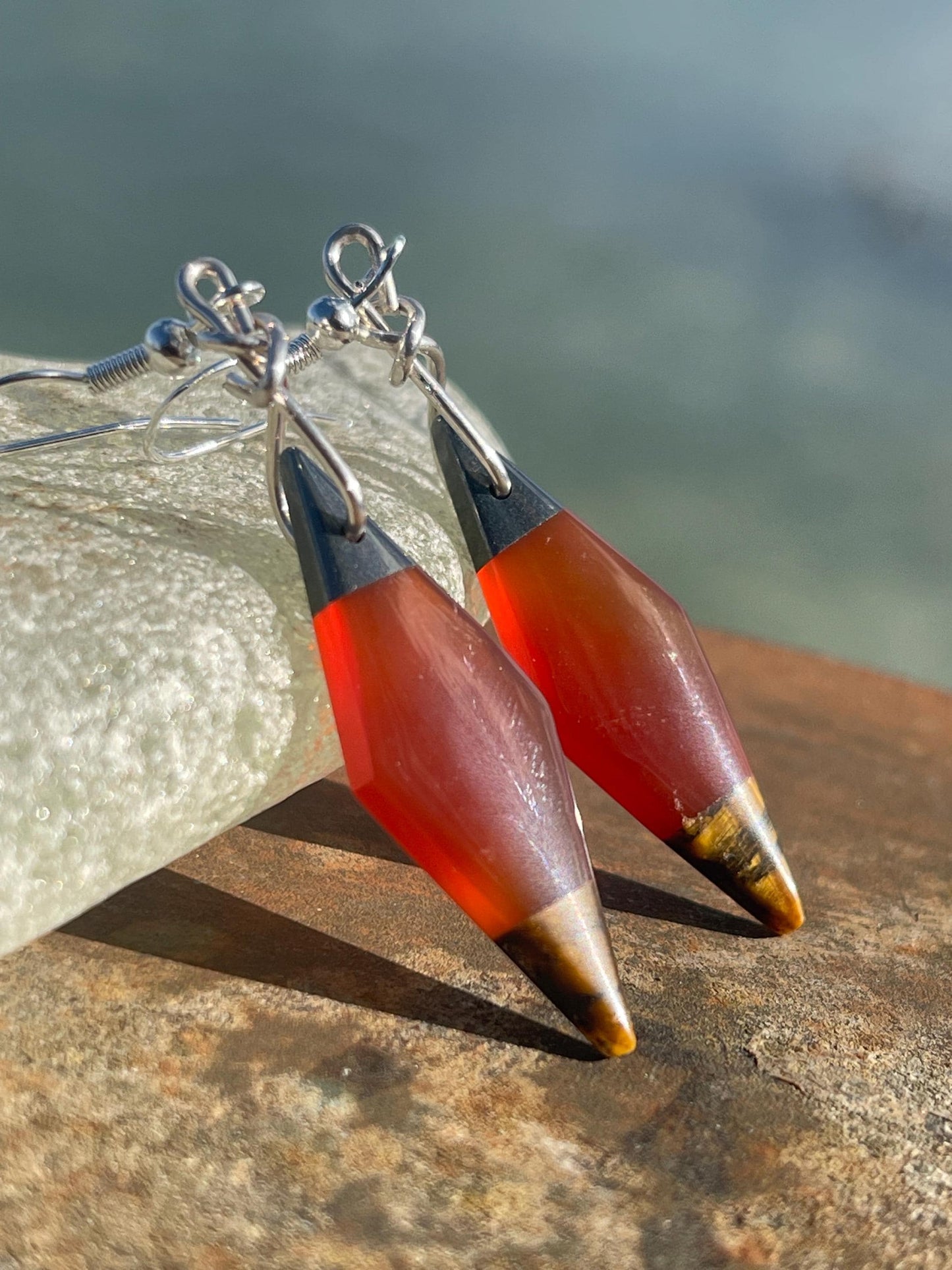 Stunning carnelian and onyx earrings on recycled sterling silver. Ethical jewellery, eco friendly jewellery, boho earrings, unique earrings.