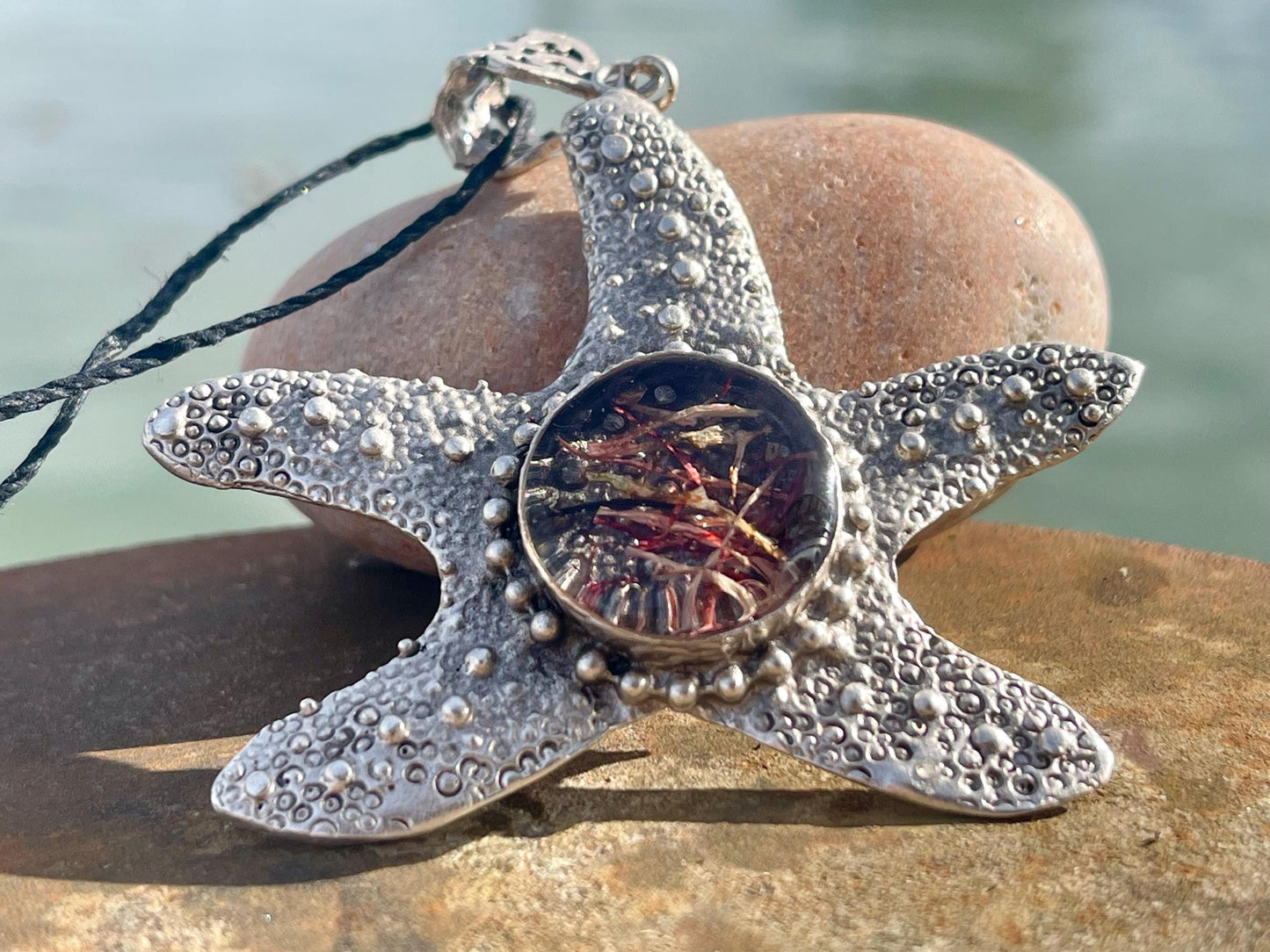 Starfish necklace incorporating real seaweed. Seaweed jewellery, starfish pendant, handmade necklace, boho jewellery. Starfish gifts.