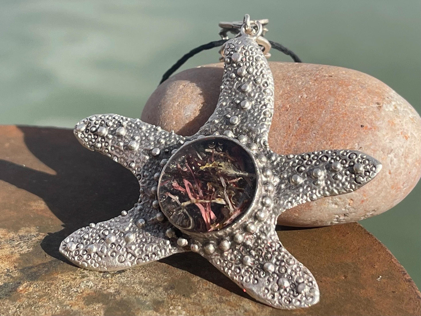 Starfish necklace incorporating real seaweed. Seaweed jewellery, starfish pendant, handmade necklace, boho jewellery. Starfish gifts.