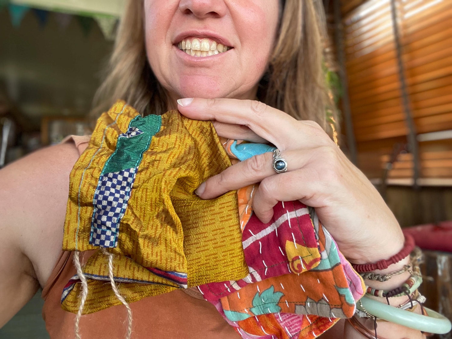 4 Recycled coasters. Eco friendly coasters made from vintage throws. Colourful home decor. Recycled cup matts. Washable and colourful