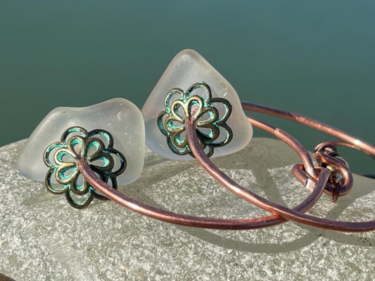 Eco friendly glass hoops on recycled copper.. Unique earrings, ethical jewellery, unusual boho jewellery, eco friendly jewellery. Eco gifts.