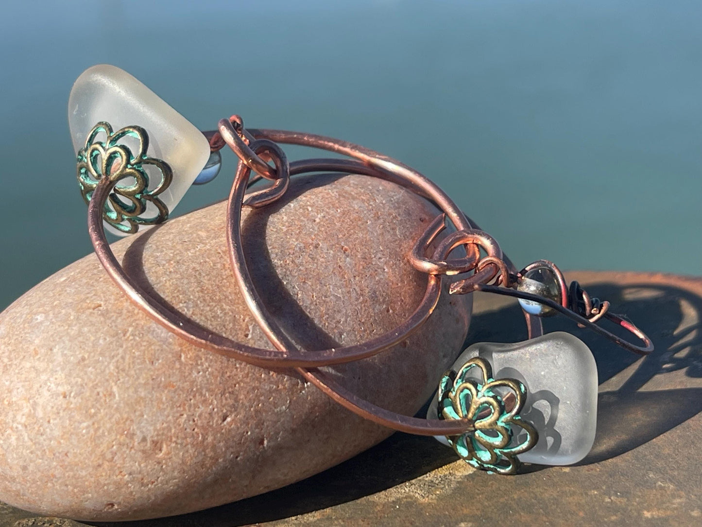 Eco friendly glass hoops on recycled copper.. Unique earrings, ethical jewellery, unusual boho jewellery, eco friendly jewellery. Eco gifts.