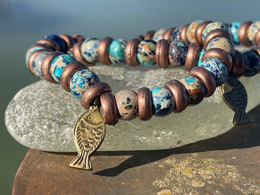 Ocean jasper gemstone bracelet, handmade gift for him or her. Ethical jewellery, handmade unique jewellery. Unusual gifts for women