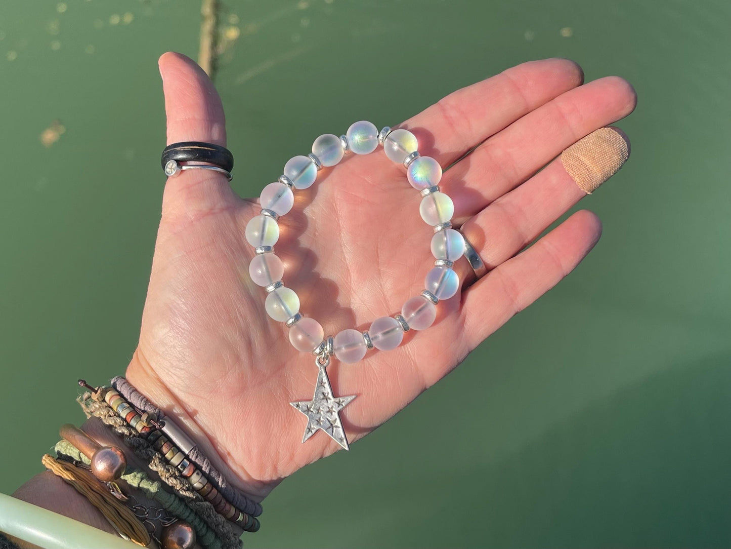 Rainbow bracelet, Christmas bracelet, beaded shimmery bracelet, star bracelet, handmade bracelet, glass bracelet, congratulations gift.