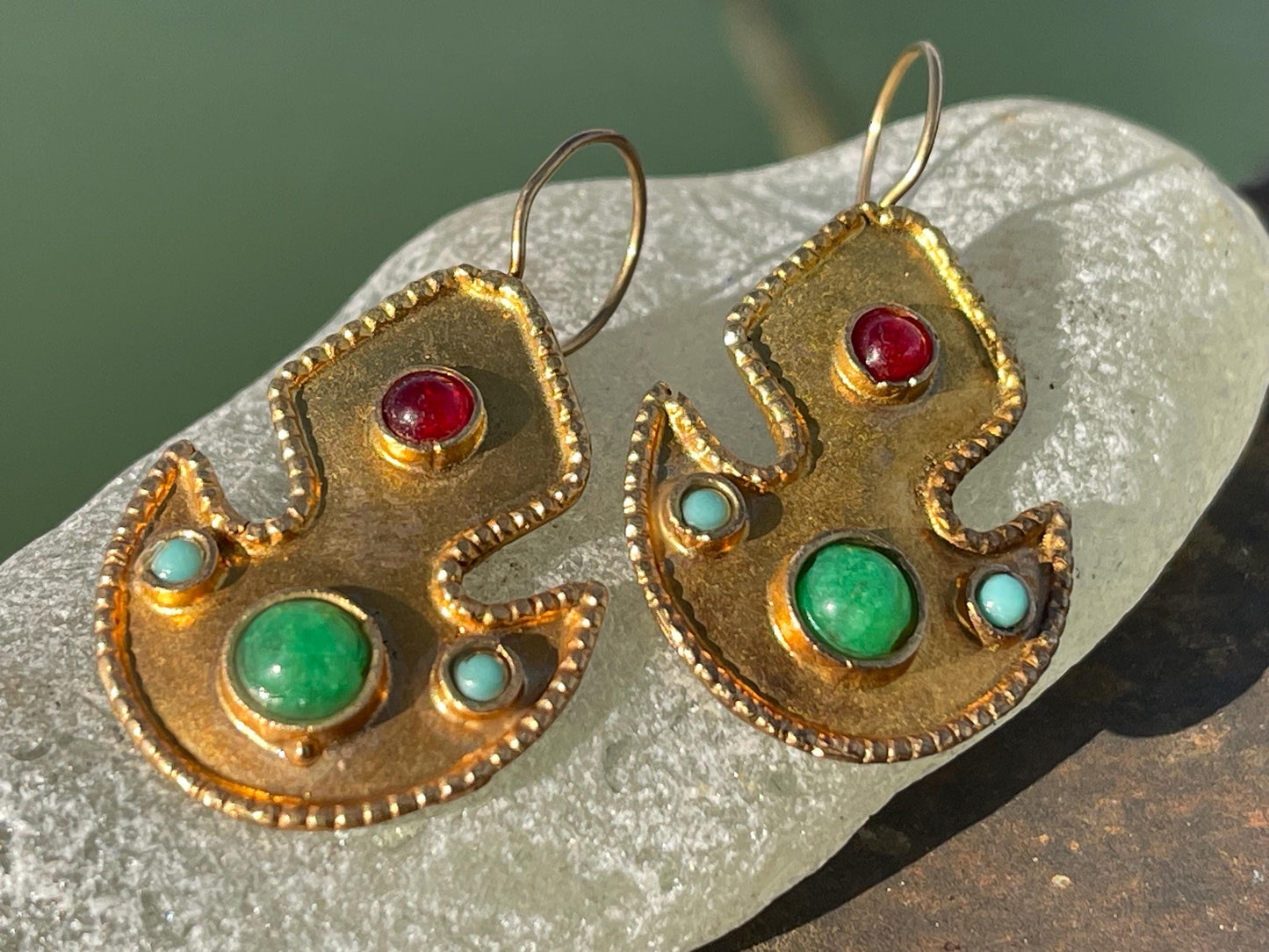 Gypsy jewellery, gold vintage earrings, red jewellery, ethical jewellery, gypsy earrings, romantic gifts, eco friendly jewellery