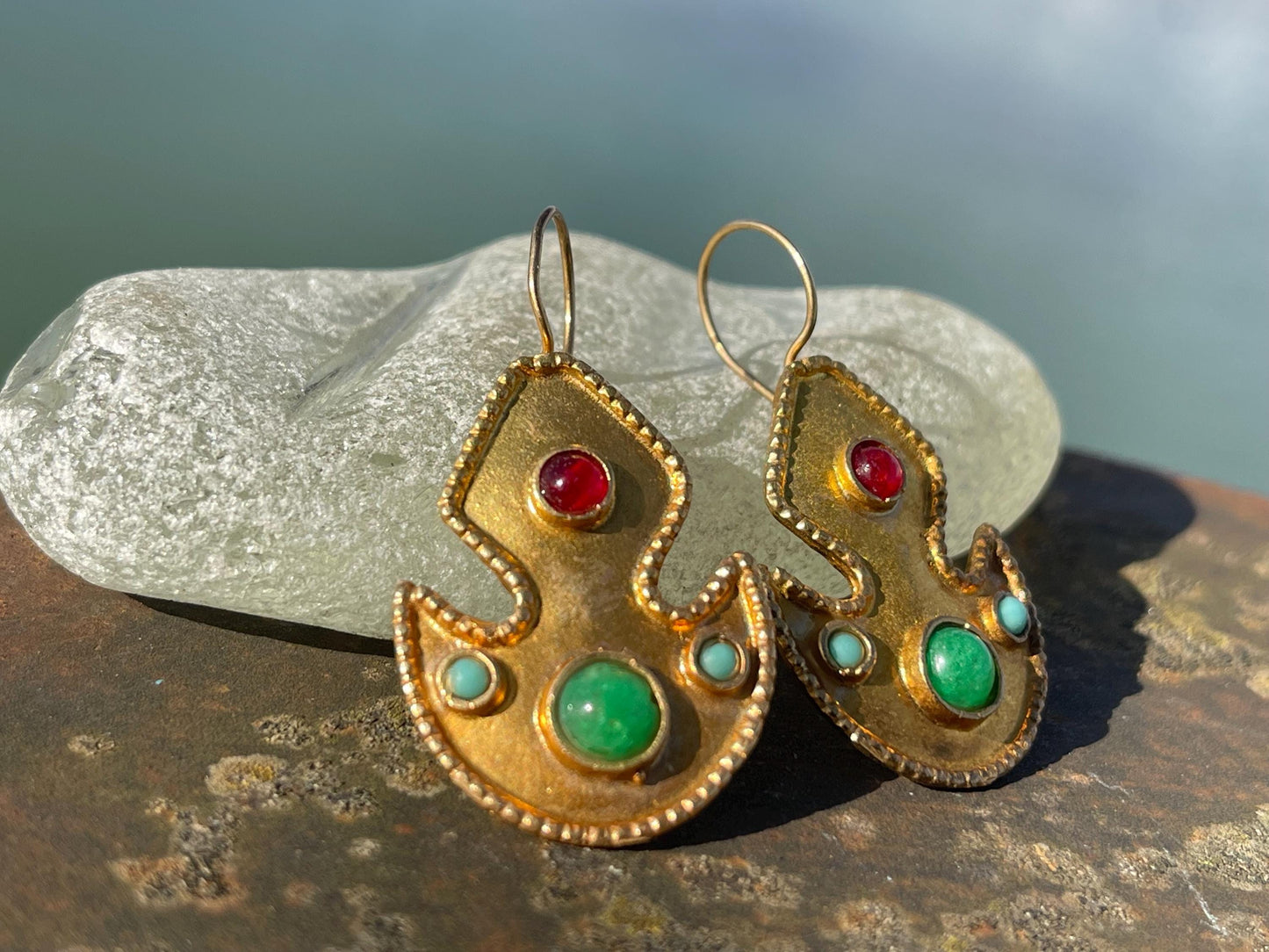 Gypsy jewellery, gold vintage earrings, red jewellery, ethical jewellery, gypsy earrings, romantic gifts, eco friendly jewellery