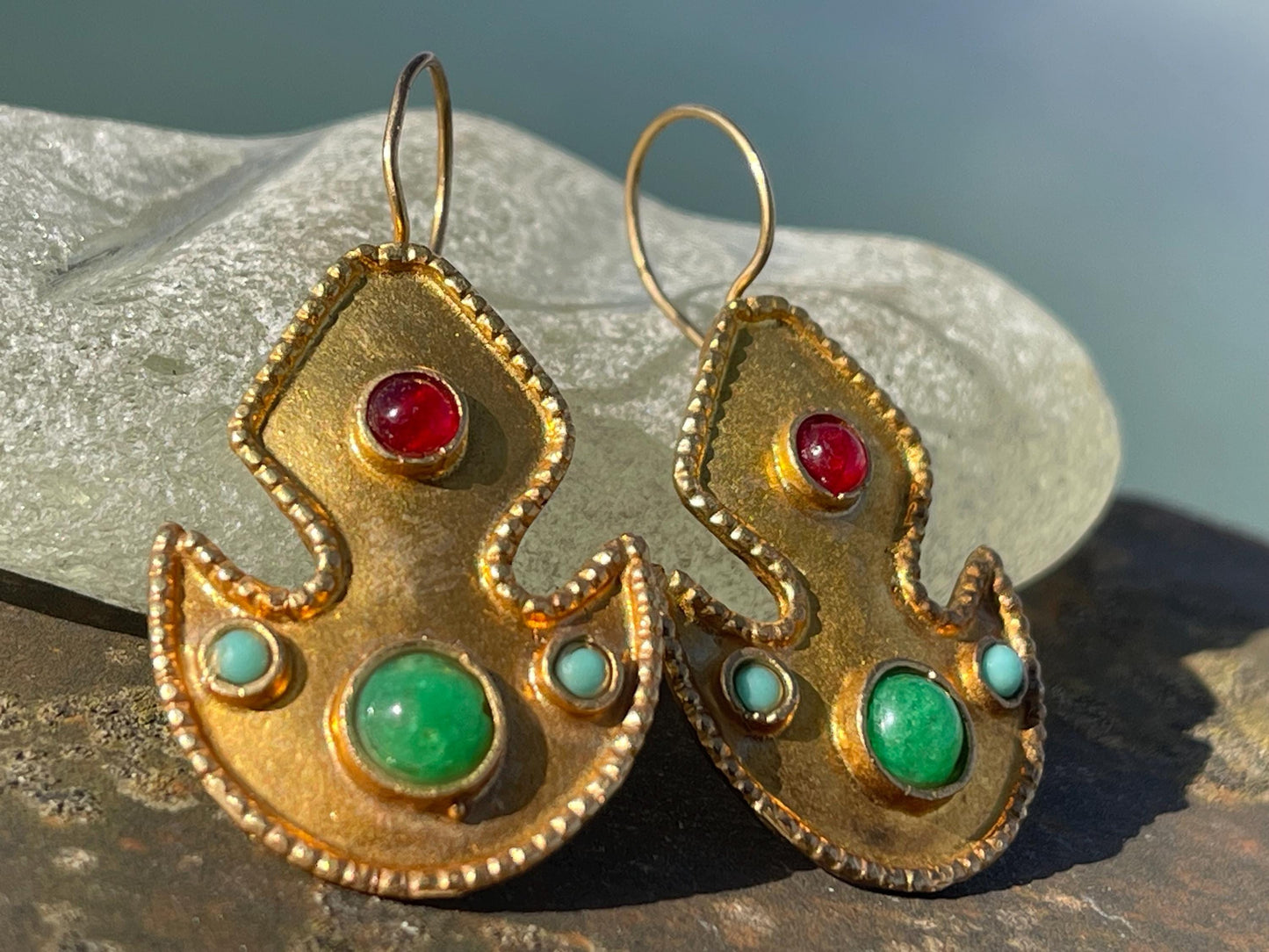 Gypsy jewellery, gold vintage earrings, red jewellery, ethical jewellery, gypsy earrings, romantic gifts, eco friendly jewellery