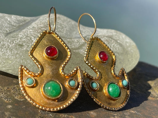 Gypsy jewellery, gold vintage earrings, red jewellery, ethical jewellery, gypsy earrings, romantic gifts, eco friendly jewellery