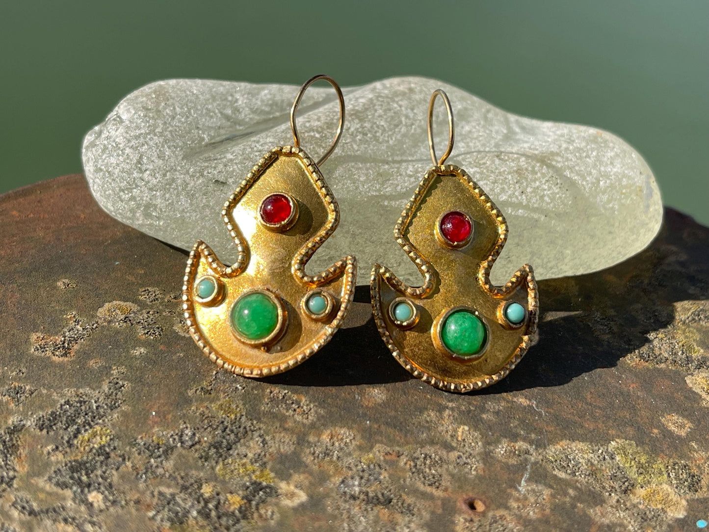Gypsy jewellery, gold vintage earrings, red jewellery, ethical jewellery, gypsy earrings, romantic gifts, eco friendly jewellery