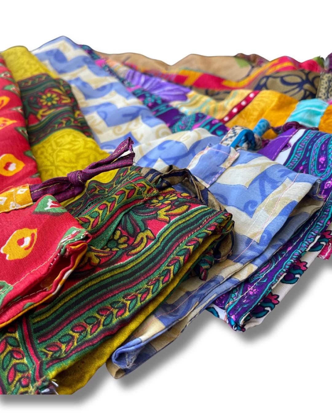 4 recycled sari bottle bags. Eco friendly bottle bags. Recycled bags for gifts. Recycled gift bags. Ethical draw string bags. Wine bags.