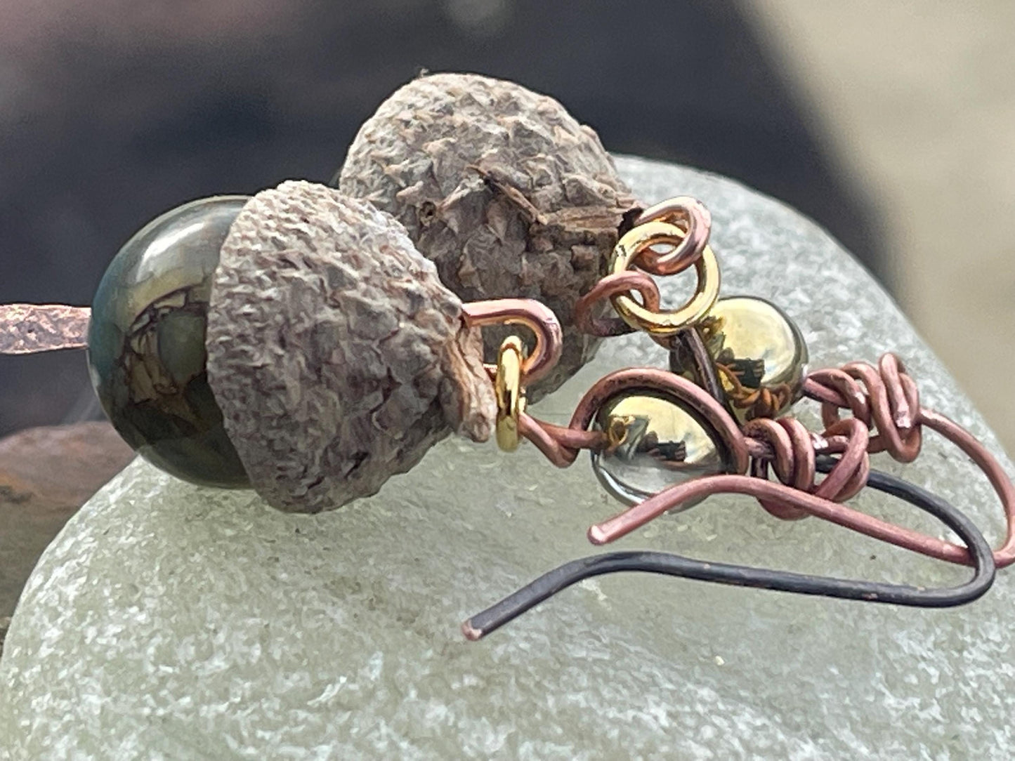 Handmade acorn earrings. Gift for gardener, made from real acorns, recycled copper and vintage beads. Eco friendly jewellery. Ethically made