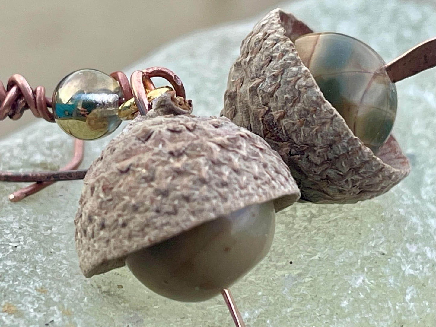 Handmade acorn earrings. Gift for gardener, made from real acorns, recycled copper and vintage beads. Eco friendly jewellery. Ethically made