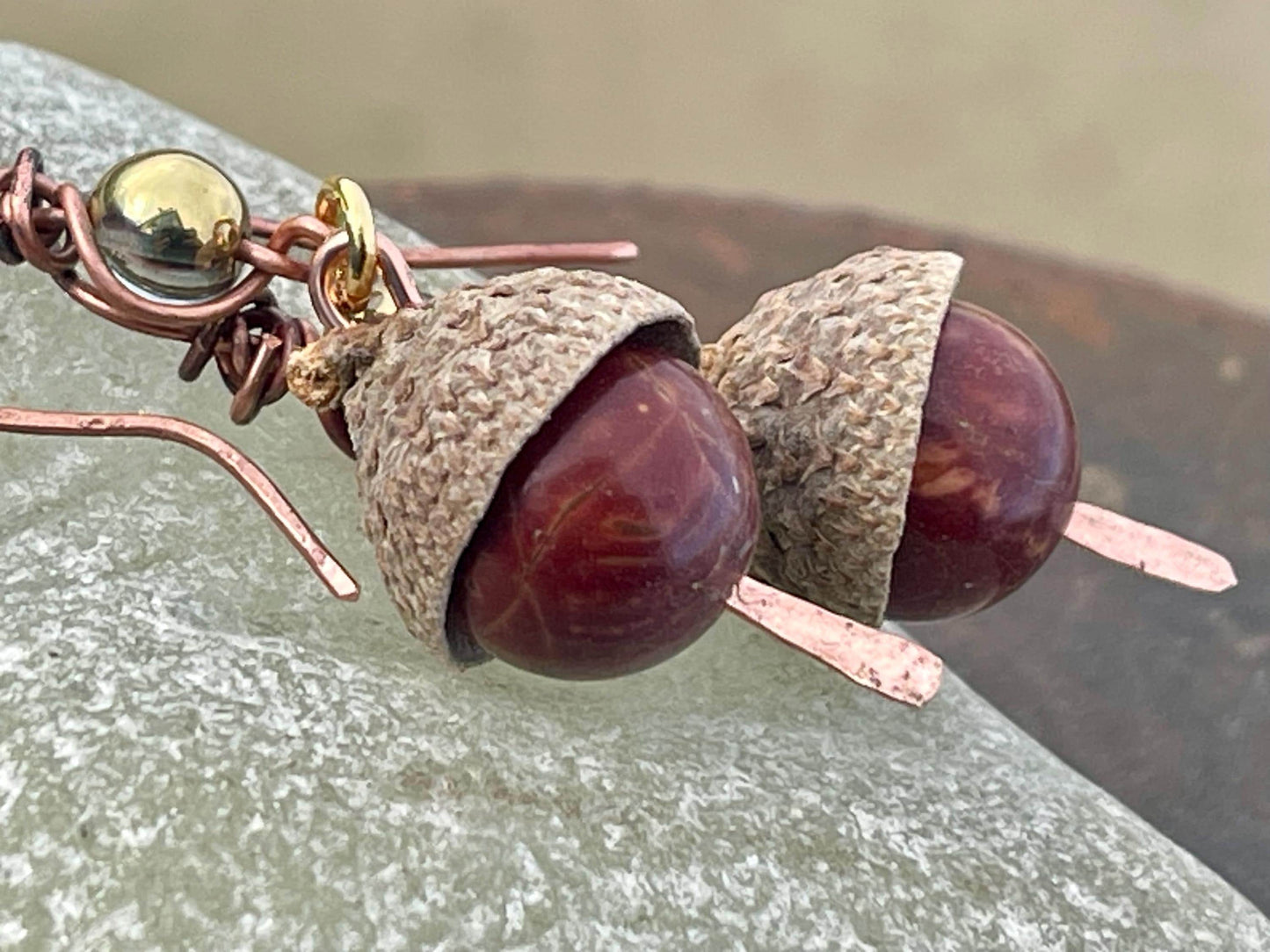 Handmade acorn earrings. Gift for gardener, made from real acorns, recycled copper and vintage beads. Eco friendly jewellery. Ethically made