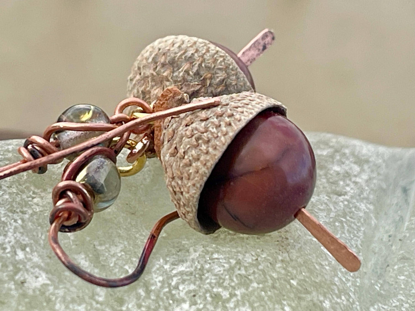 Handmade acorn earrings. Gift for gardener, made from real acorns, recycled copper and vintage beads. Eco friendly jewellery. Ethically made
