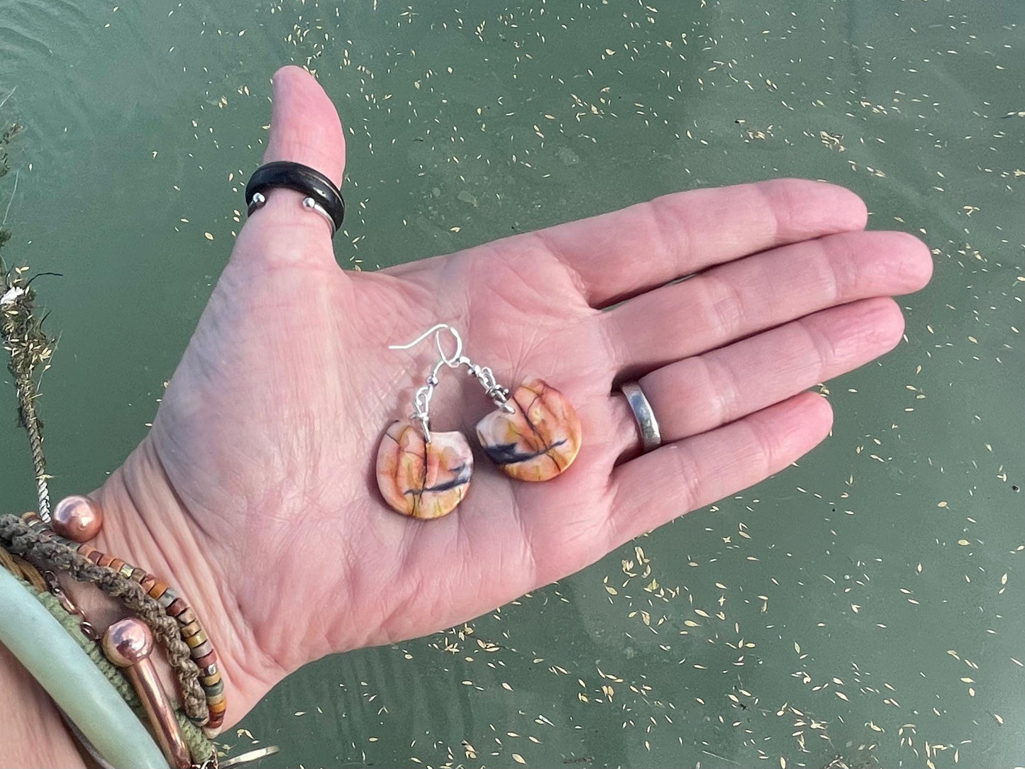 Mookaite jasper gemstone earrings. Ethical jewellery, orange gemstone earrings. Stunning unique jewellery. Unique gifts. Unique earrings.