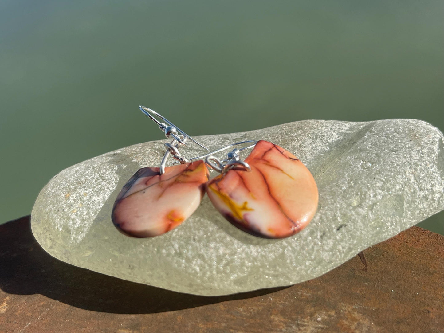 Mookaite jasper gemstone earrings. Ethical jewellery, orange gemstone earrings. Stunning unique jewellery. Unique gifts. Unique earrings.