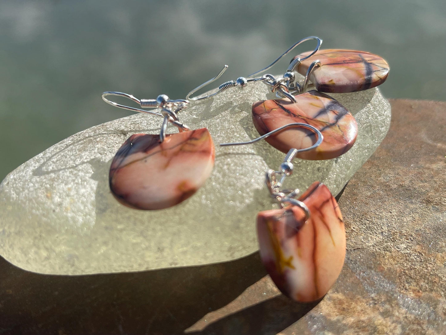 Mookaite jasper gemstone earrings. Ethical jewellery, orange gemstone earrings. Stunning unique jewellery. Unique gifts. Unique earrings.