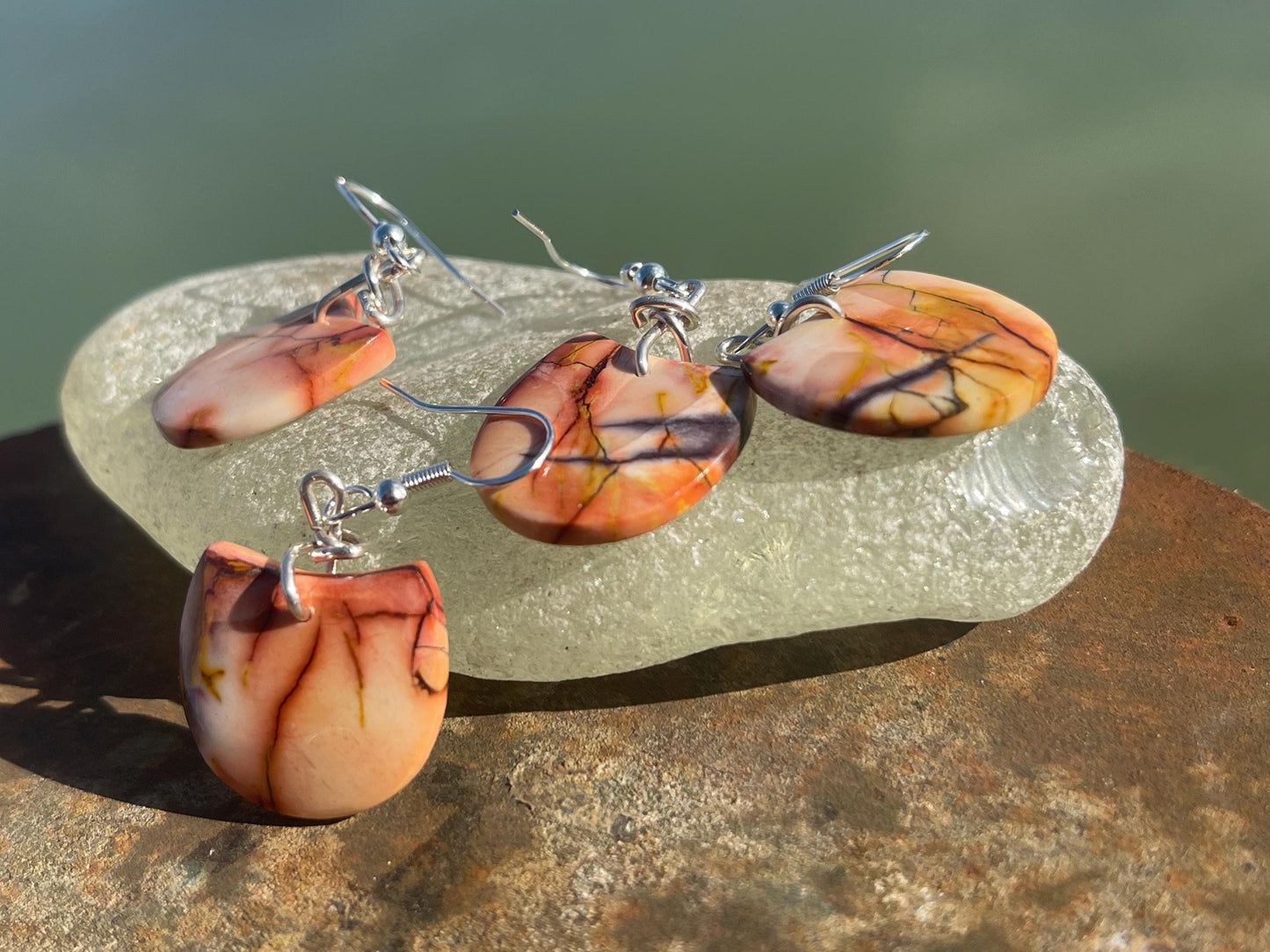Mookaite jasper gemstone earrings. Ethical jewellery, orange gemstone earrings. Stunning unique jewellery. Unique gifts. Unique earrings.