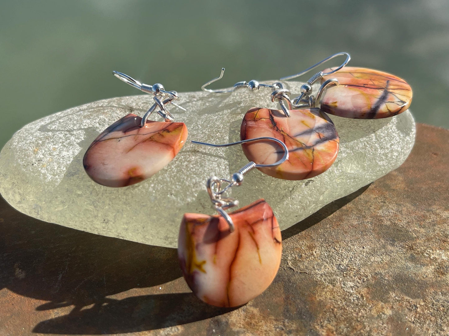Mookaite jasper gemstone earrings. Ethical jewellery, orange gemstone earrings. Stunning unique jewellery. Unique gifts. Unique earrings.