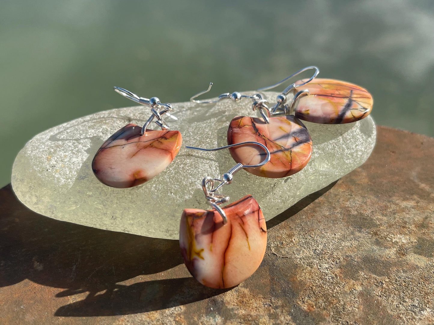 Mookaite jasper gemstone earrings. Ethical jewellery, orange gemstone earrings. Stunning unique jewellery. Unique gifts. Unique earrings.