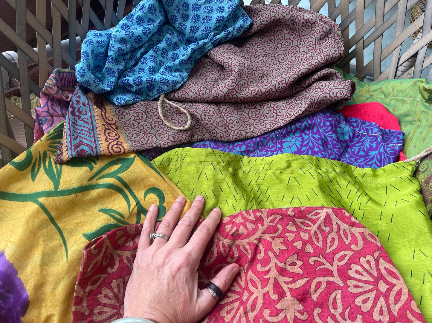 Large recycled sari bags. Alternative eco friendly wrapping option. Recycled bags for gifts. Recycled gift bags. Ethical draw string bags.