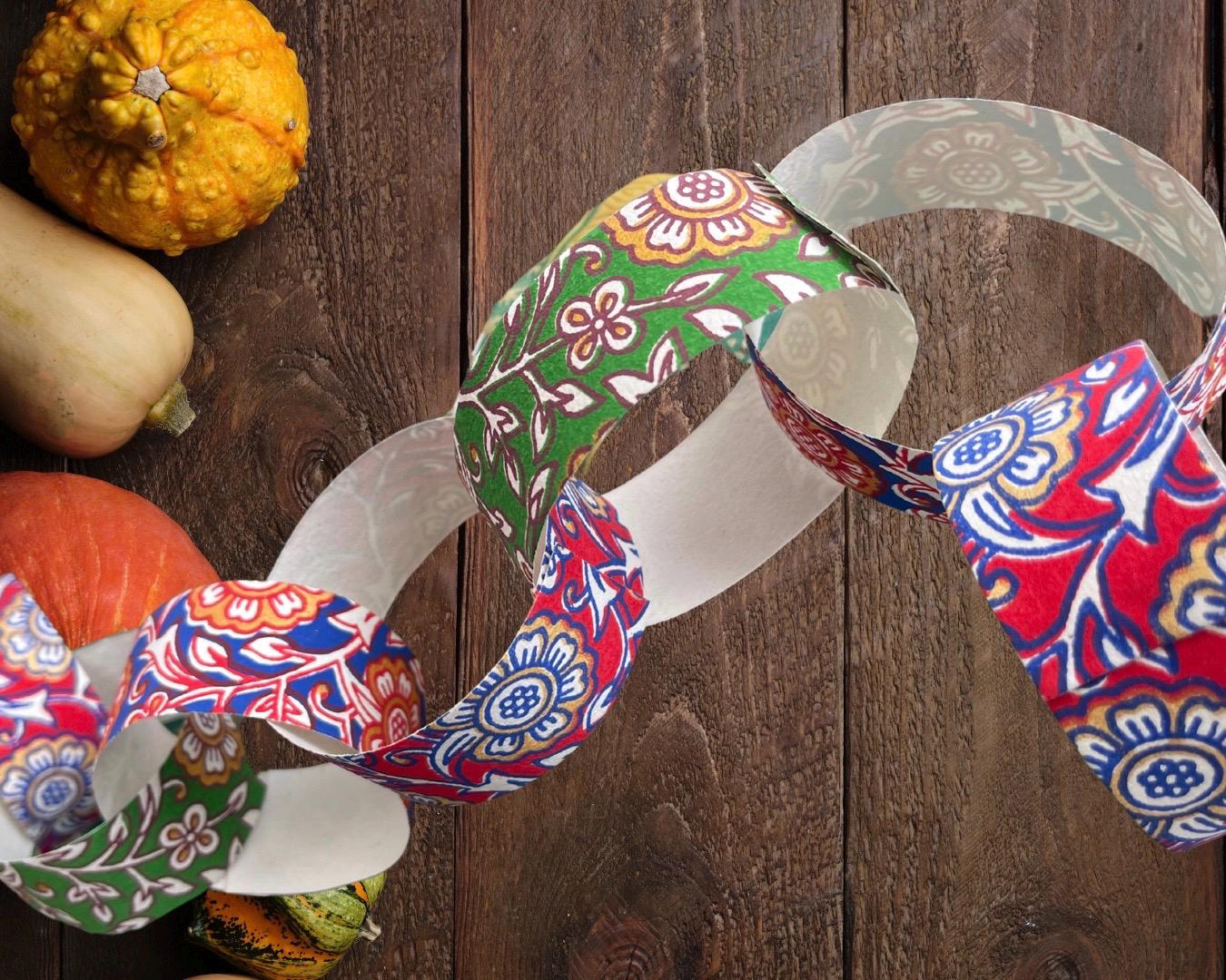 Recycled paper chains. Hand printed paper chains for parties and special occasions. Great family activity. Eco friendy paper garlands.