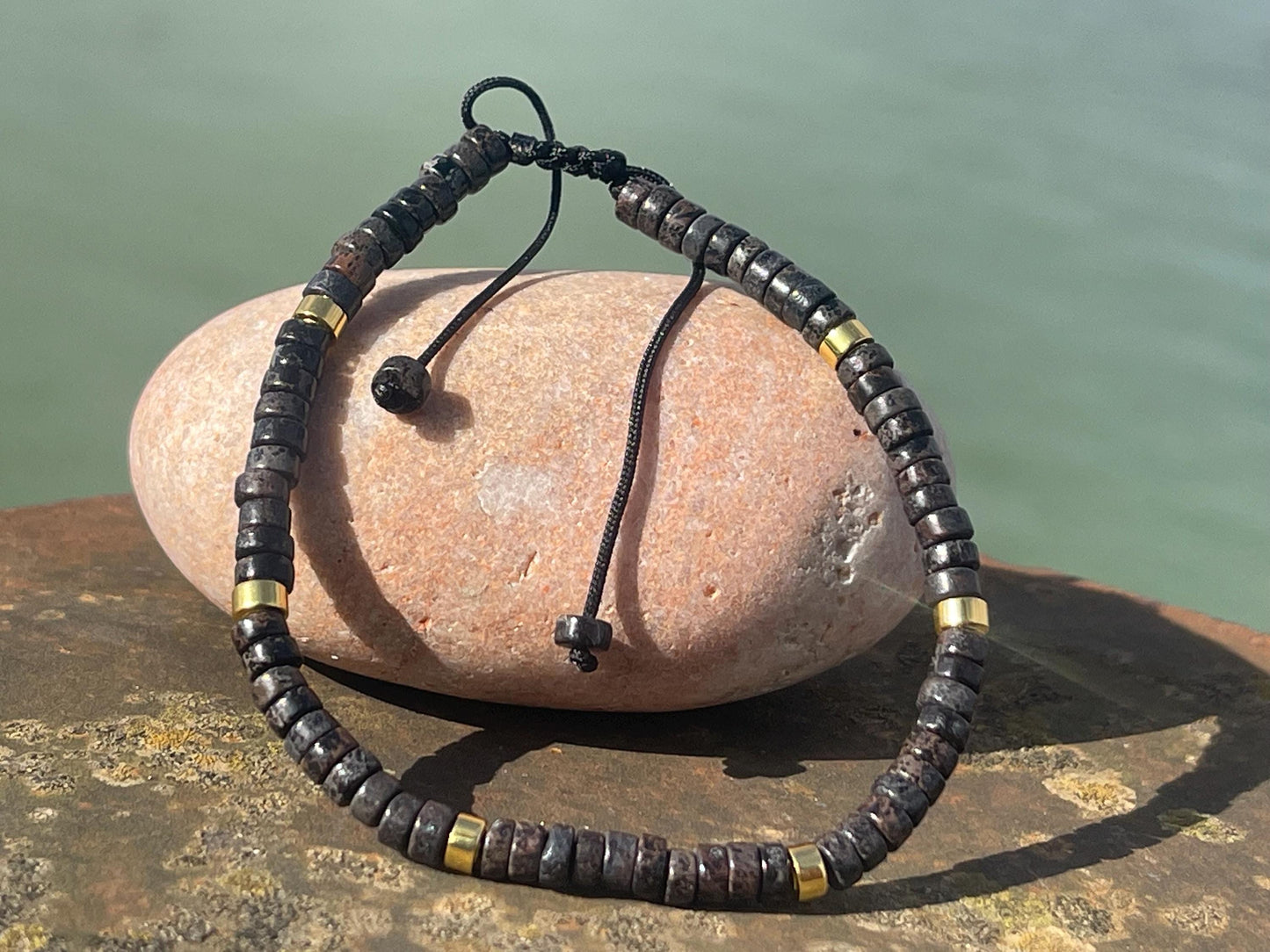 Adjustable black jasper gemstone bracelet, handmade gift for him or her. Ethical jewellery, handmade unique jewellery.