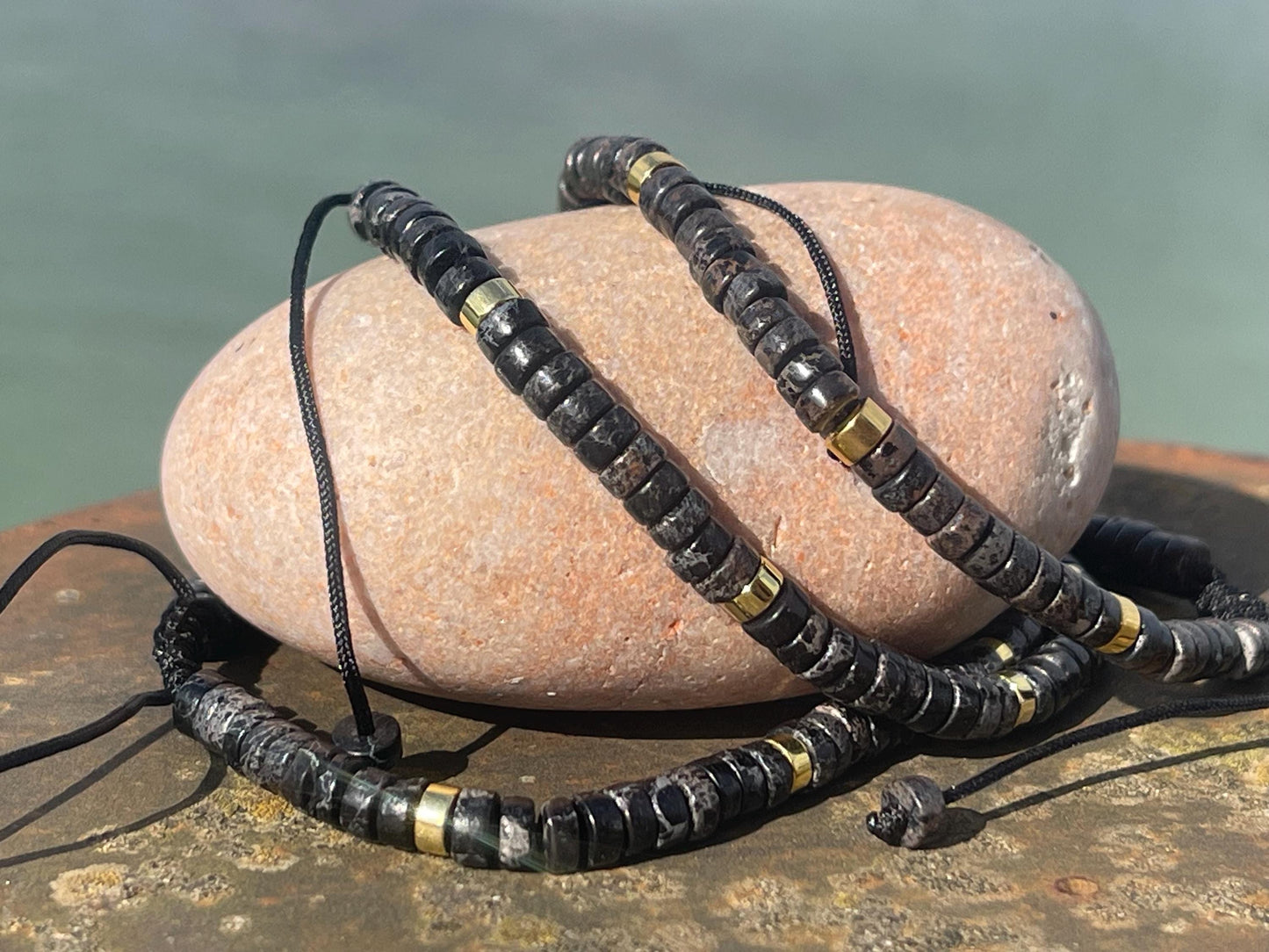 Adjustable black jasper gemstone bracelet, handmade gift for him or her. Ethical jewellery, handmade unique jewellery.