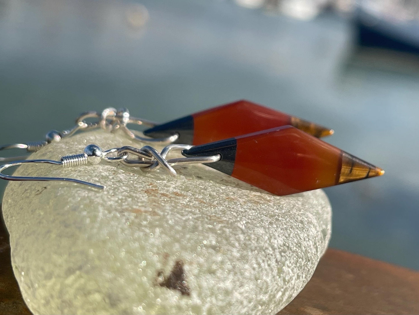 Stunning carnelian and onyx earrings on recycled sterling silver. Ethical jewellery, eco friendly jewellery, boho earrings, unique earrings.