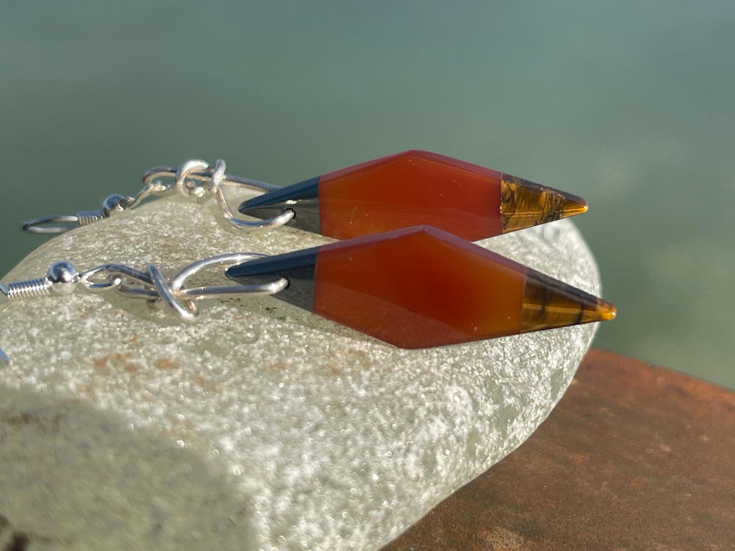 Stunning carnelian and onyx earrings on recycled sterling silver. Ethical jewellery, eco friendly jewellery, boho earrings, unique earrings.