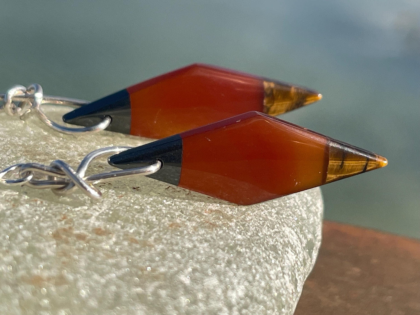 Stunning carnelian and onyx earrings on recycled sterling silver. Ethical jewellery, eco friendly jewellery, boho earrings, unique earrings.