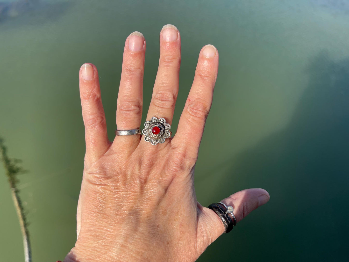 Fabulous vintage flower ring, silver & red ring, boho vintage jewellery, ethical jewellery, gypsy ring. Gypsy jewellery, statement jewellery