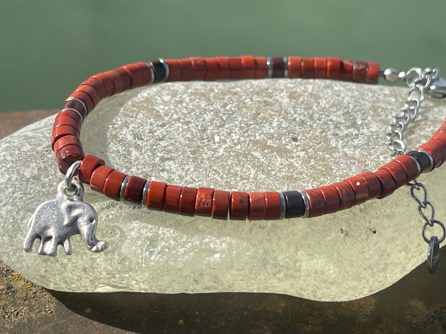 Adjustable gold and red jasper gemstone bracelet, handmade gift for him or her. Ethical jewellery, unique jewellery. Elephant bracelet.
