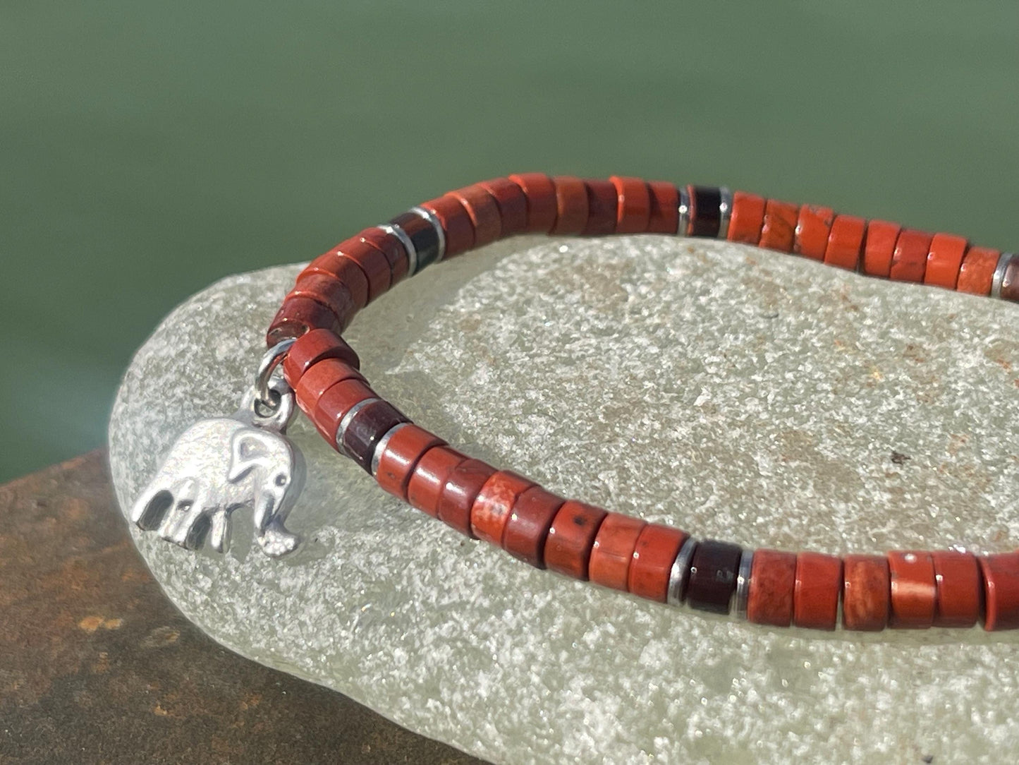 Adjustable gold and red jasper gemstone bracelet, handmade gift for him or her. Ethical jewellery, unique jewellery. Elephant bracelet.