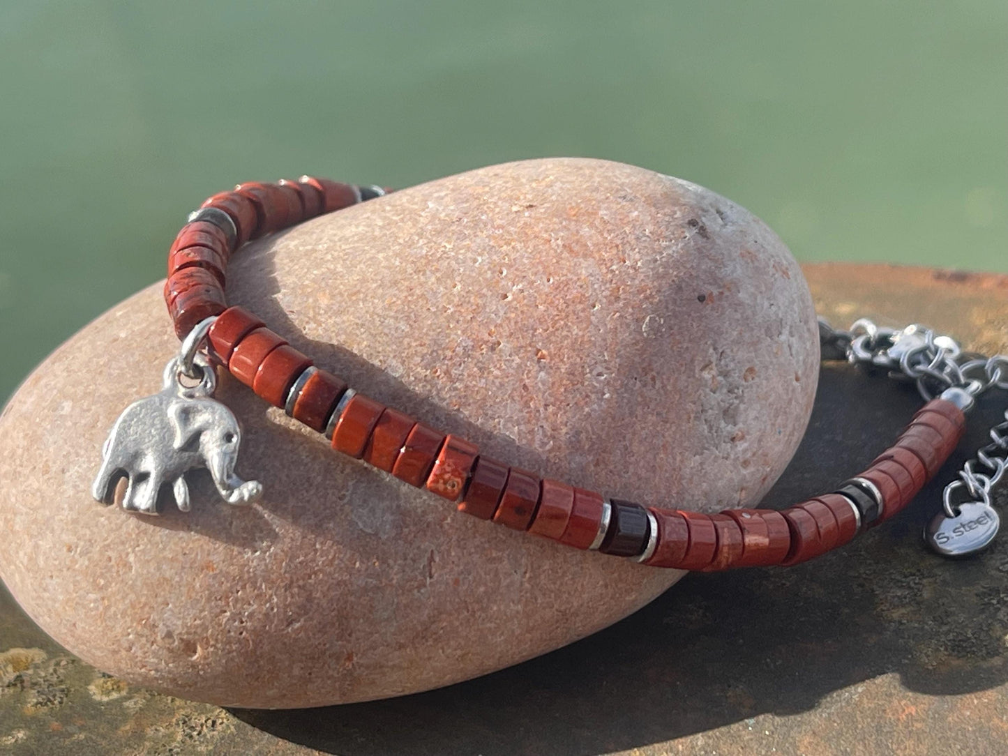 Adjustable gold and red jasper gemstone bracelet, handmade gift for him or her. Ethical jewellery, unique jewellery. Elephant bracelet.