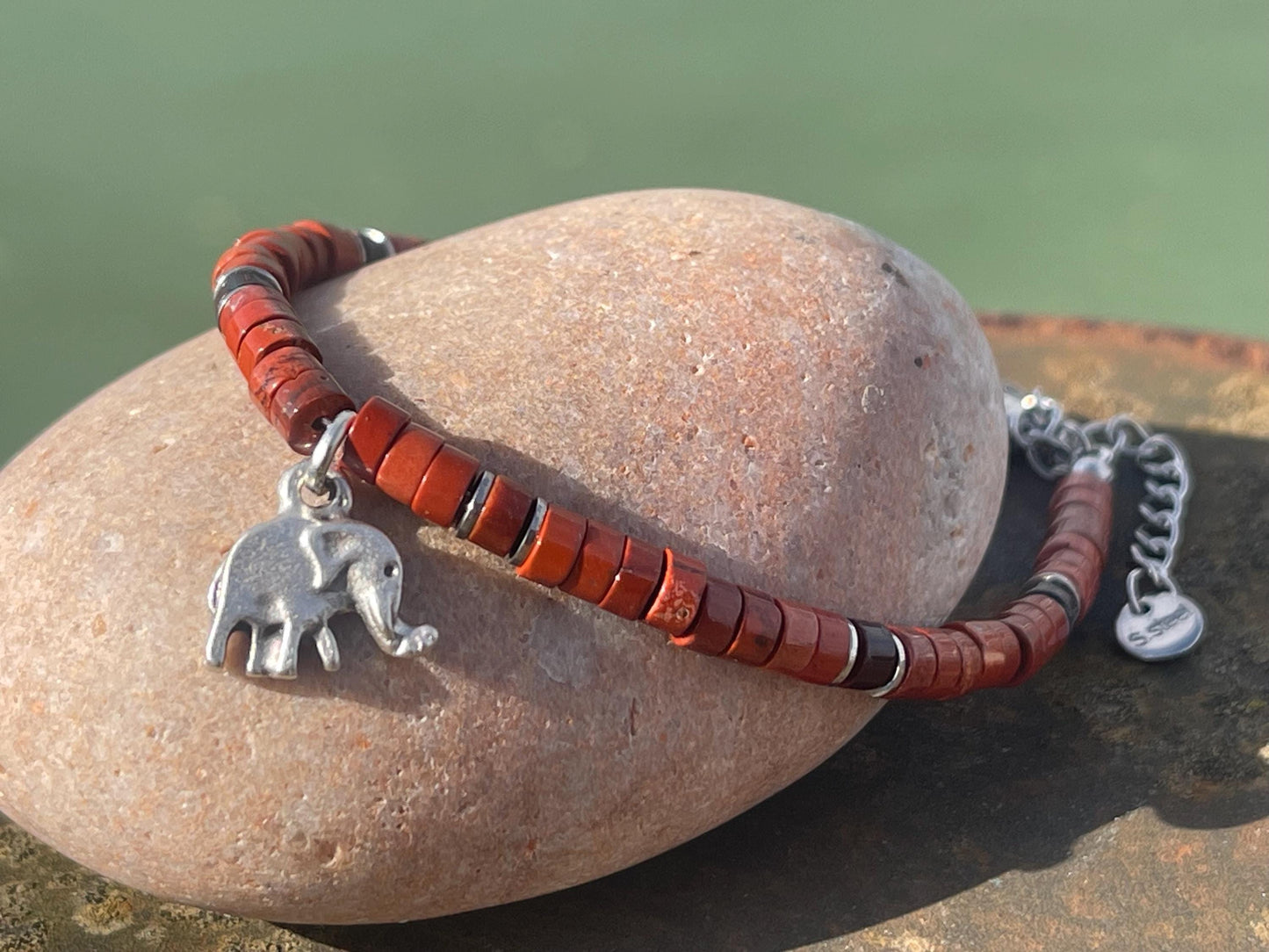 Adjustable gold and red jasper gemstone bracelet, handmade gift for him or her. Ethical jewellery, unique jewellery. Elephant bracelet.