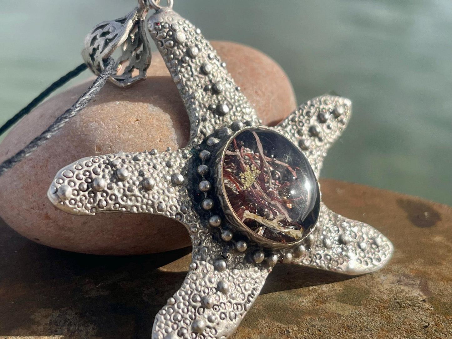 Starfish necklace incorporating real seaweed. Seaweed jewellery, starfish pendant, handmade necklace, boho jewellery. Starfish gifts.