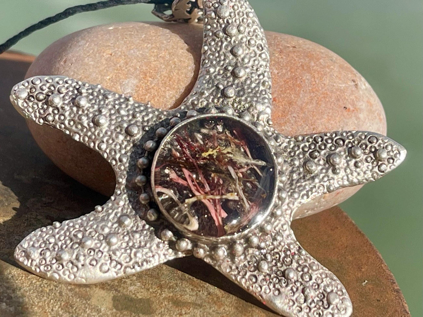Starfish necklace incorporating real seaweed. Seaweed jewellery, starfish pendant, handmade necklace, boho jewellery. Starfish gifts.