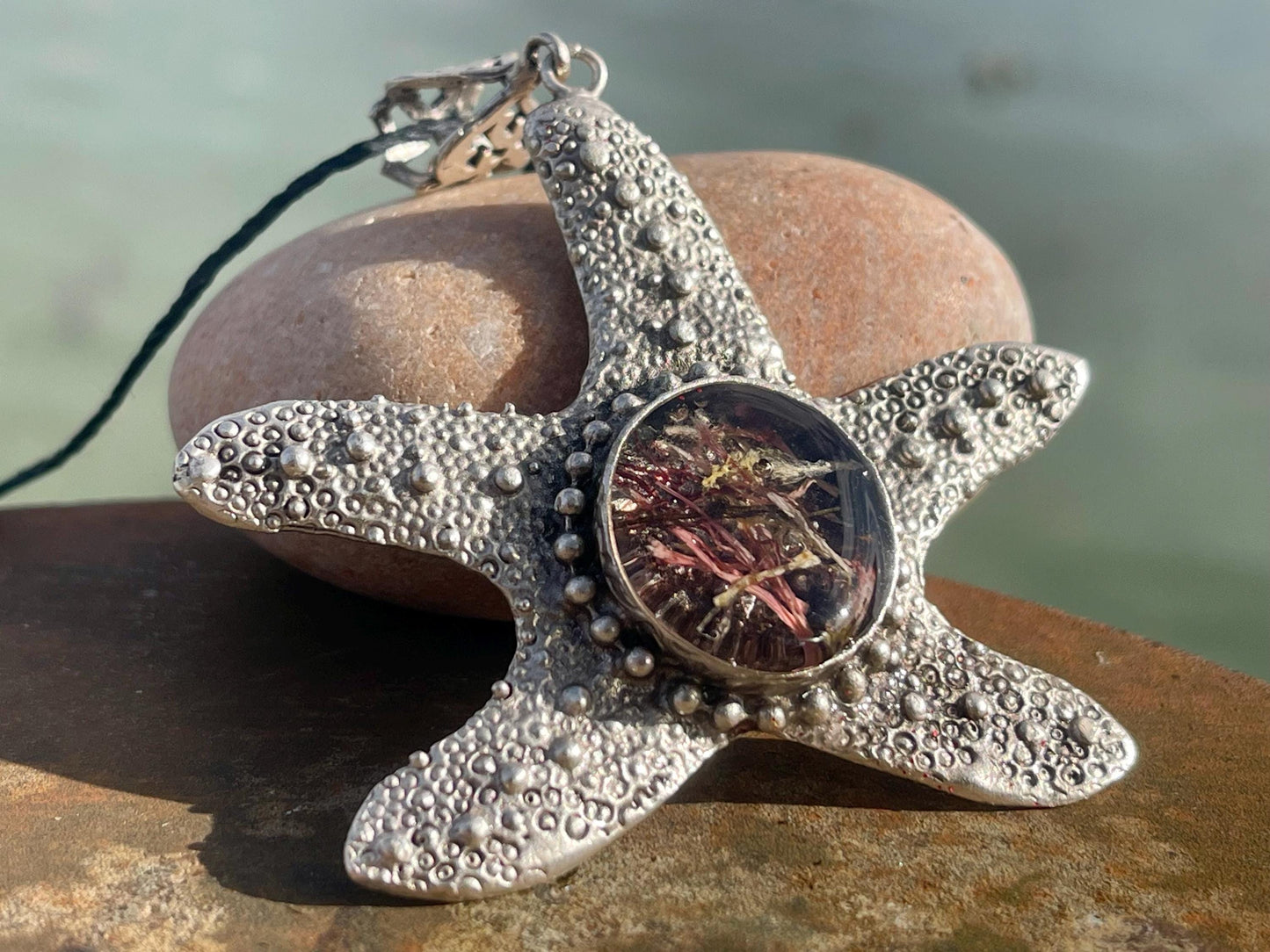 Starfish necklace incorporating real seaweed. Seaweed jewellery, starfish pendant, handmade necklace, boho jewellery. Starfish gifts.