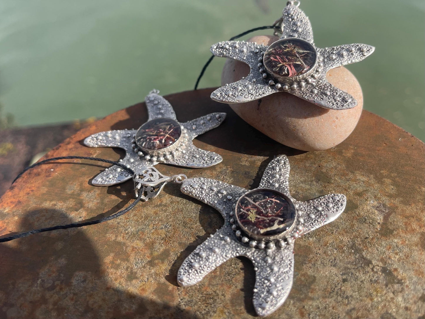 Starfish necklace incorporating real seaweed. Seaweed jewellery, starfish pendant, handmade necklace, boho jewellery. Starfish gifts.
