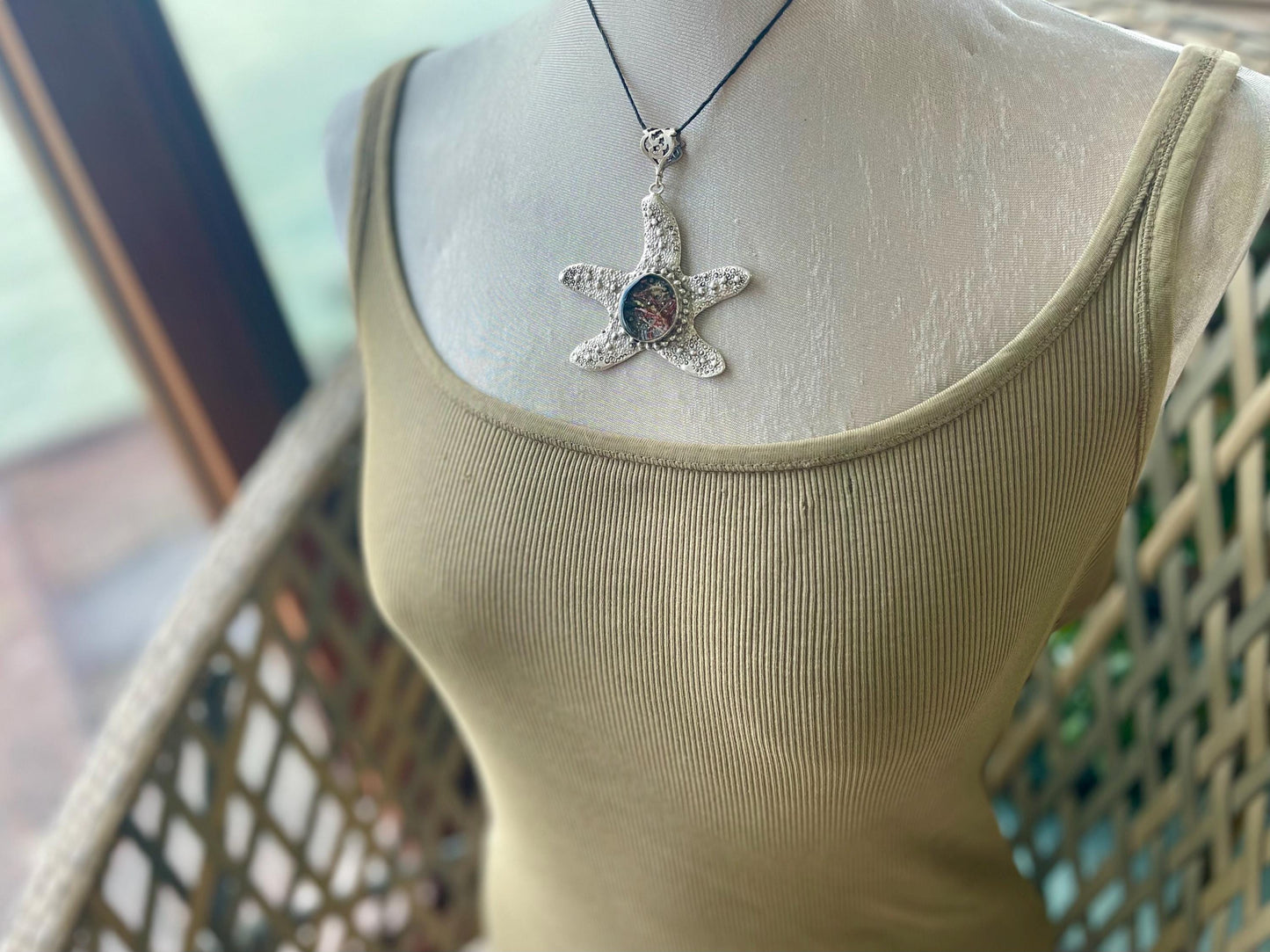 Starfish necklace incorporating real seaweed. Seaweed jewellery, starfish pendant, handmade necklace, boho jewellery. Starfish gifts.