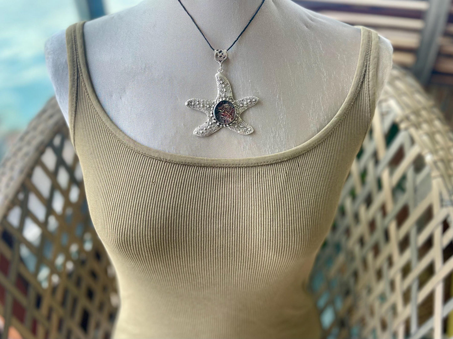 Starfish necklace incorporating real seaweed. Seaweed jewellery, starfish pendant, handmade necklace, boho jewellery. Starfish gifts.