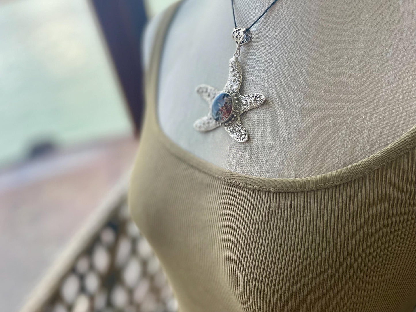 Starfish necklace incorporating real seaweed. Seaweed jewellery, starfish pendant, handmade necklace, boho jewellery. Starfish gifts.