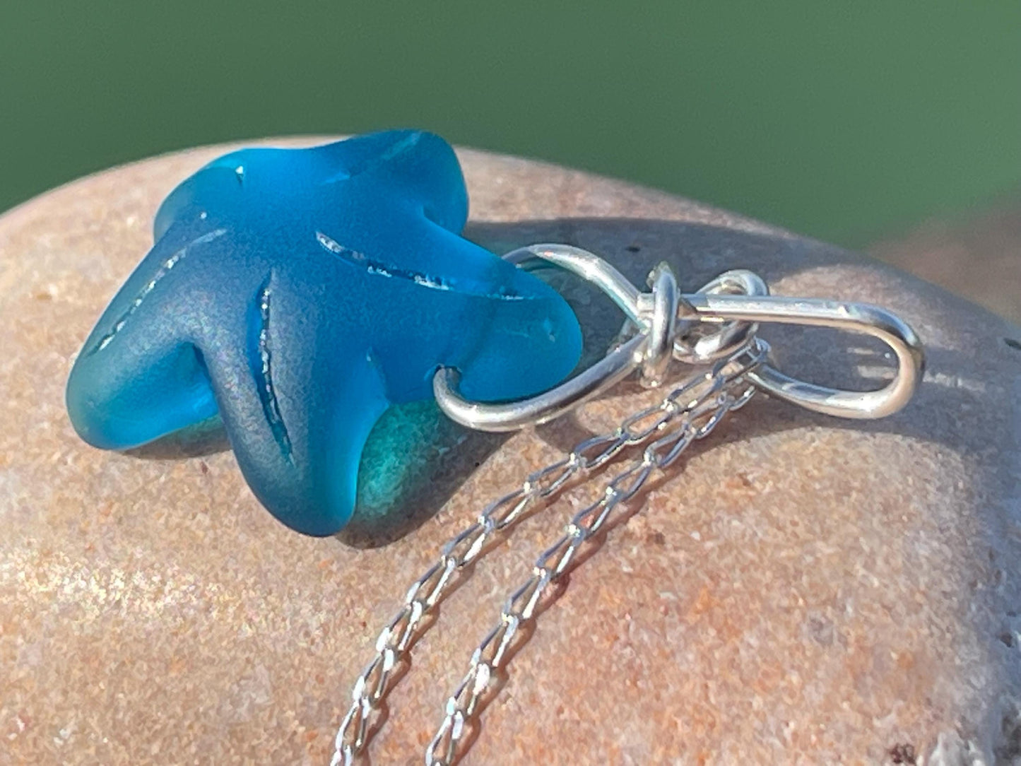 Eco friendly jewellery. Sea glass necklace on a sterling silver chain. Sea glass starfish necklace. Starfish pendant, ethical jewellery.