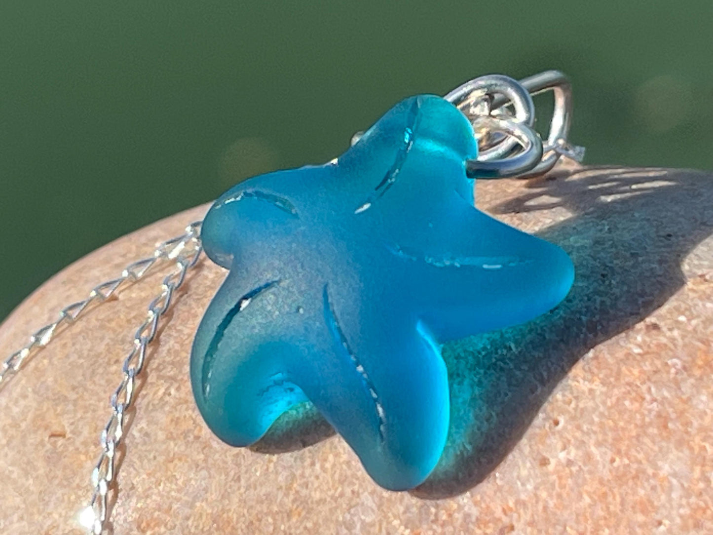 Eco friendly jewellery. Sea glass necklace on a sterling silver chain. Sea glass starfish necklace. Starfish pendant, ethical jewellery.