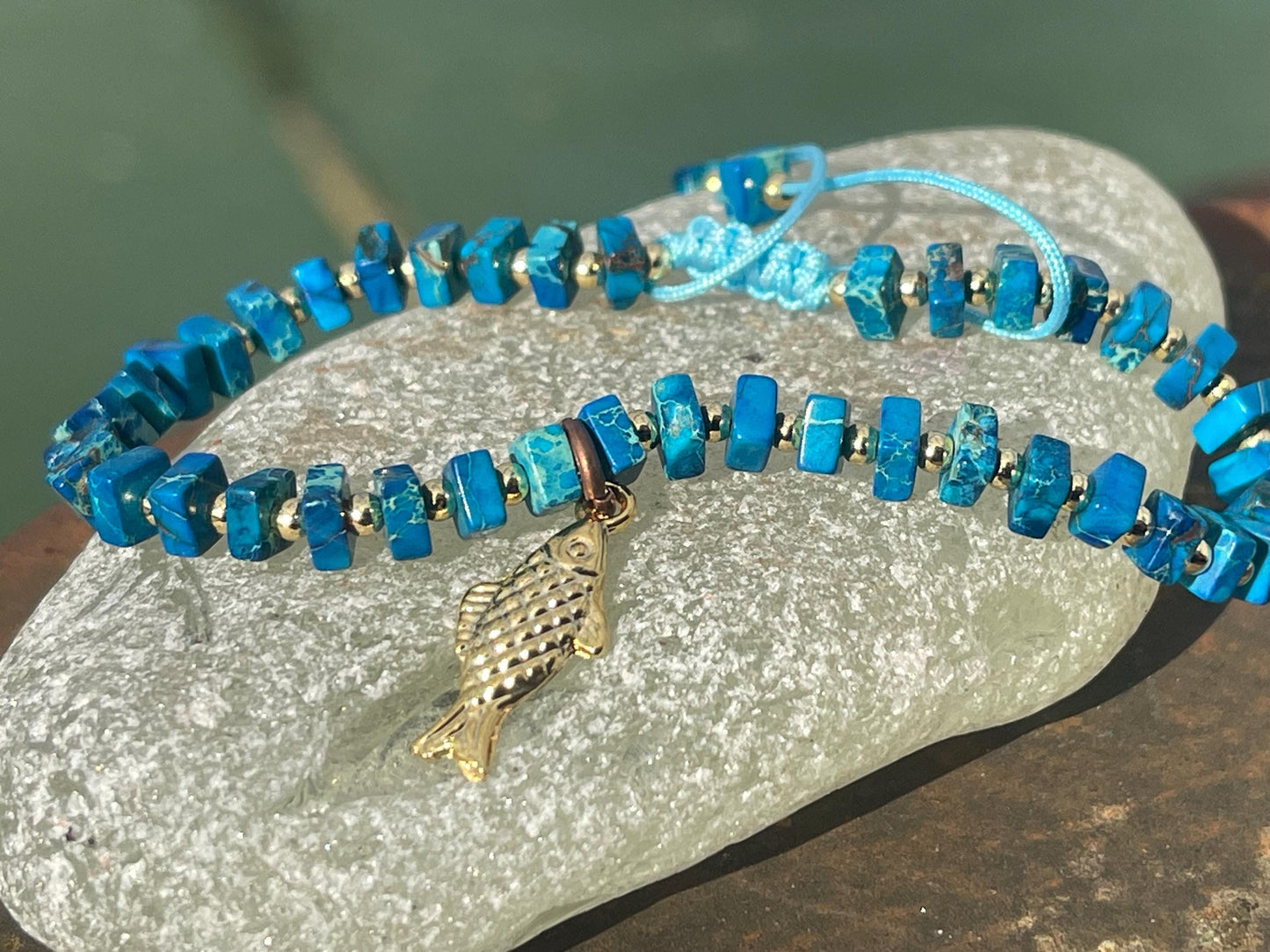 Adjustable gold and blue jasper gemstone bracelet, handmade gift for him or her. Ethical jewellery, handmade unique jewellery.