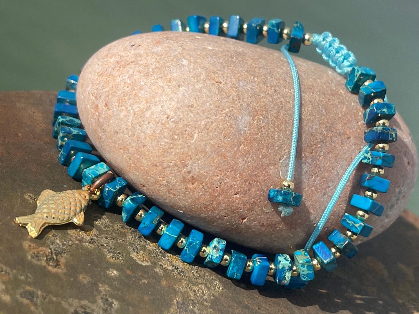 Adjustable gold and blue jasper gemstone bracelet, handmade gift for him or her. Ethical jewellery, handmade unique jewellery.