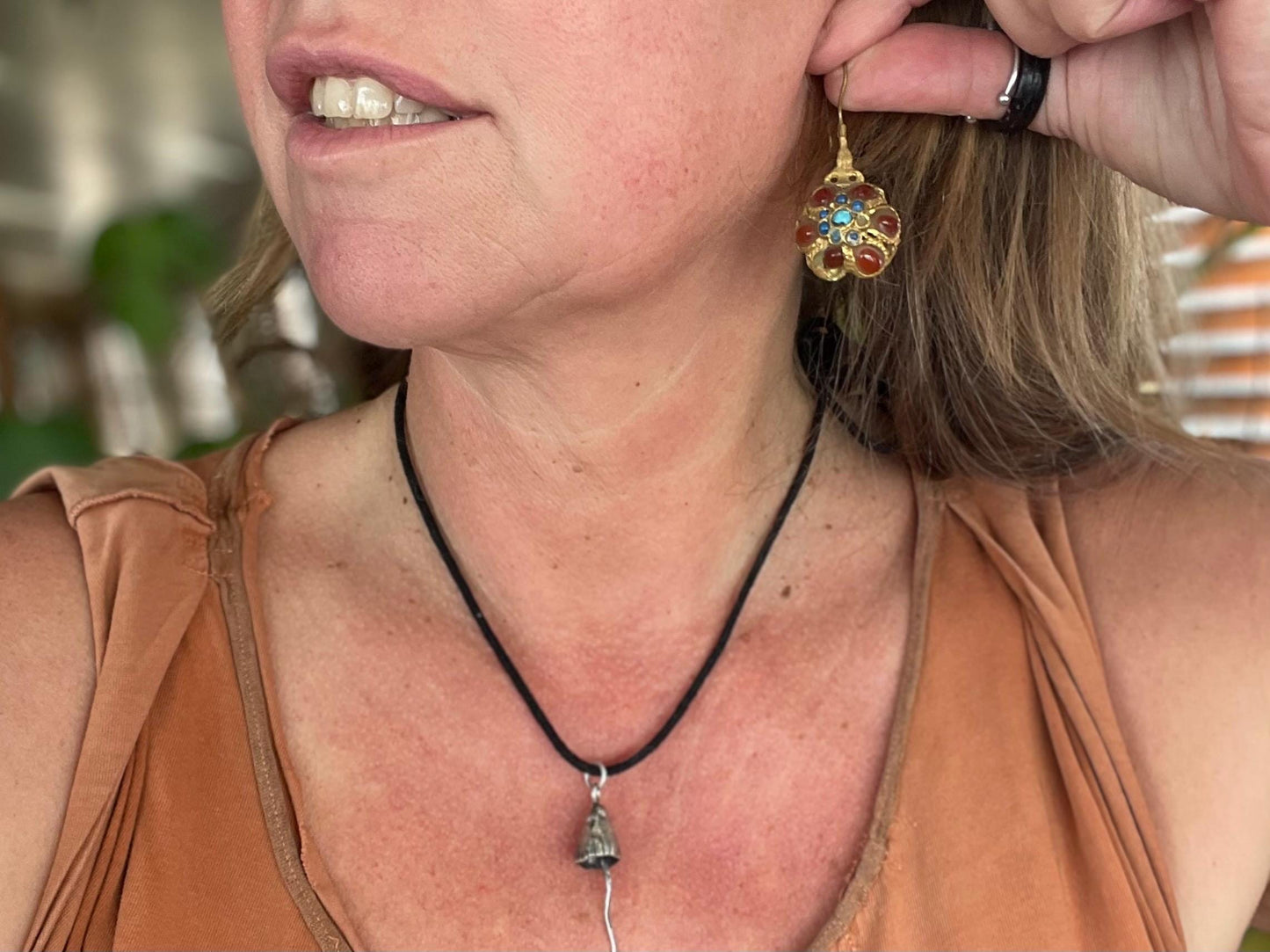 Gypsy jewellery, gold vintage earrings, red jewellery, ethical jewellery, gypsy earrings, romantic gifts, eco friendly jewellery