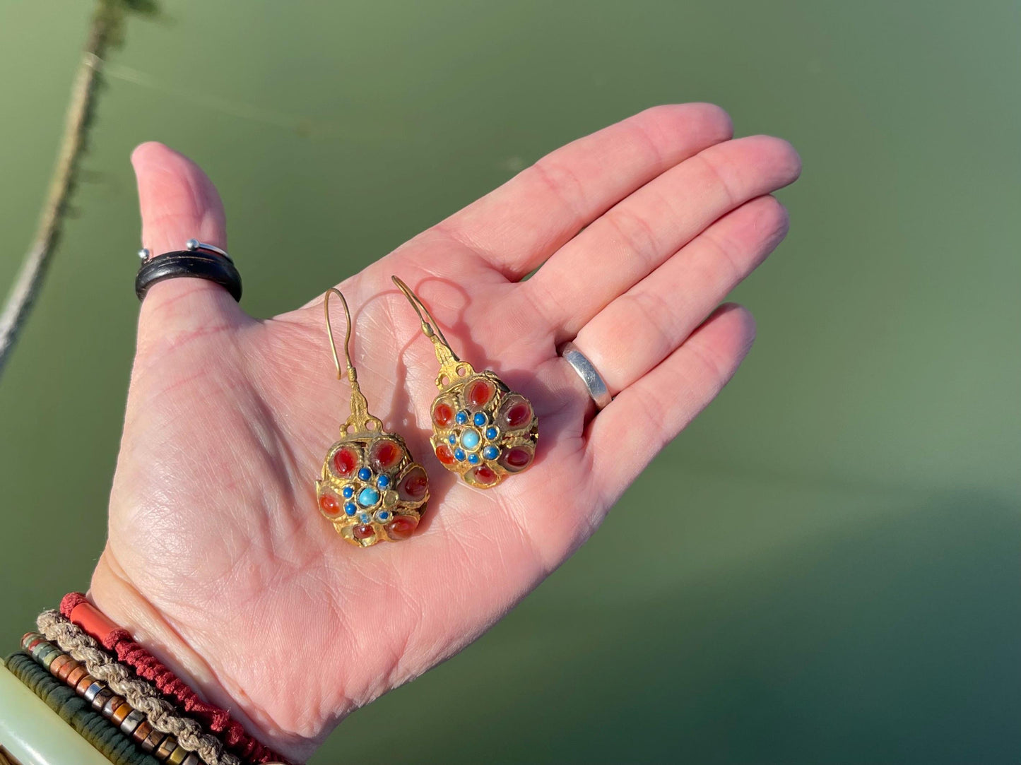 Gypsy jewellery, gold vintage earrings, red jewellery, ethical jewellery, gypsy earrings, romantic gifts, eco friendly jewellery